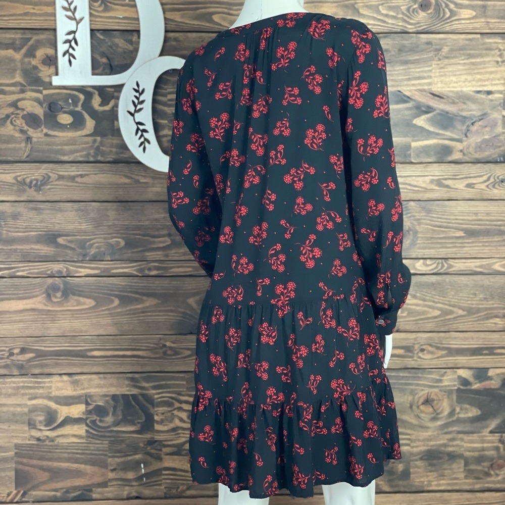 Ann Taylor LOFT | Garden Split Neck Swing Dress Floral Red Black Tiered Babydoll - Picture 6 of 11